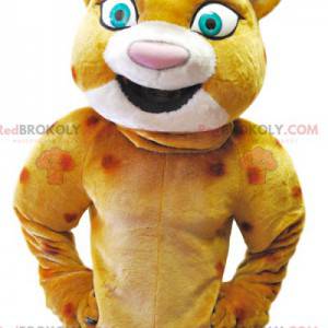 Mascote leopardo com um grande sorriso, fantasia de leopardo -