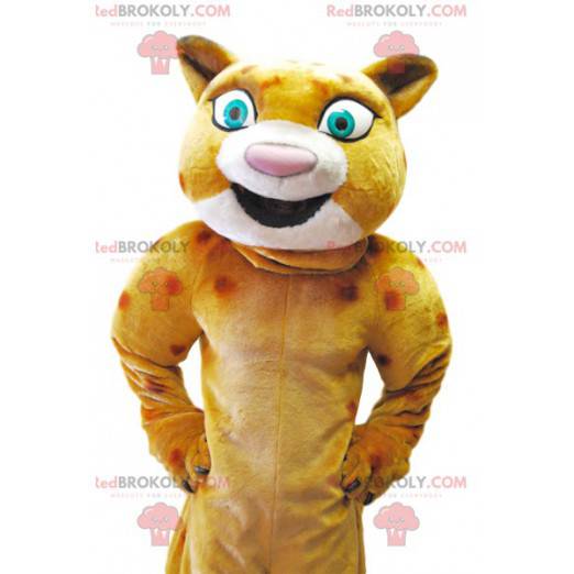 Maskot leoparda se širokým úsměvem, kostým leoparda -