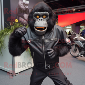 Black Chimpanzee mascot costume character dressed with a Moto Jacket and Clutch bags