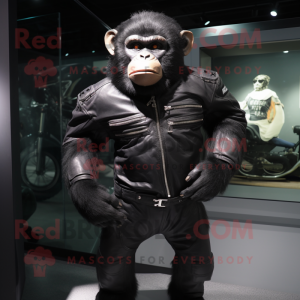 Black Chimpanzee mascot costume character dressed with a Moto Jacket and Clutch bags