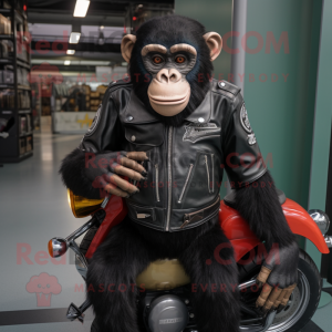 Black Chimpanzee mascot costume character dressed with a Moto Jacket and Clutch bags