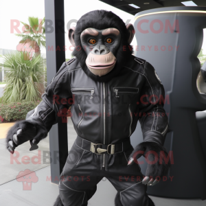 Black Chimpanzee mascot costume character dressed with a Moto Jacket and Clutch bags