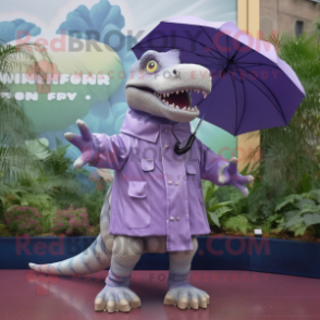 Lavender Tyrannosaurus mascot costume character dressed with a Raincoat and Mittens