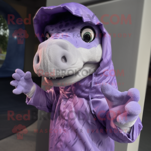 Lavender Tyrannosaurus mascot costume character dressed with a Raincoat and Mittens