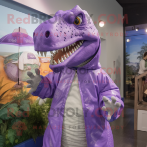 Lavender Tyrannosaurus mascot costume character dressed with a Raincoat and Mittens
