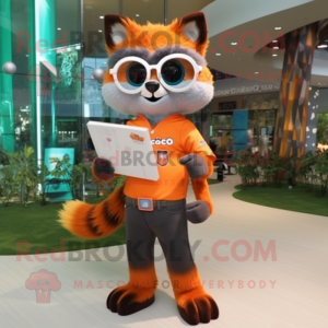 Orange Raccoon mascot costume character dressed with a Flare Jeans and Reading glasses