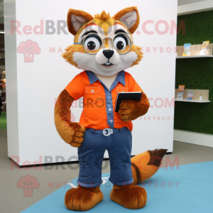 Orange Raccoon mascot costume character dressed with a Flare Jeans and Reading glasses