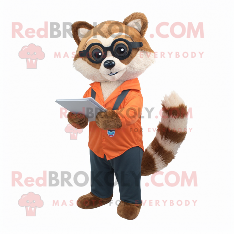 Orange Raccoon mascot costume character dressed with a Flare Jeans and Reading glasses