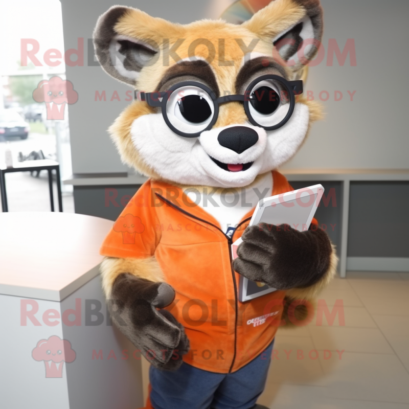 Orange Raccoon mascot costume character dressed with a Flare Jeans and Reading glasses
