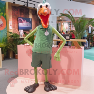 Olive Flamingo mascot costume character dressed with a Tank Top and Tie pins