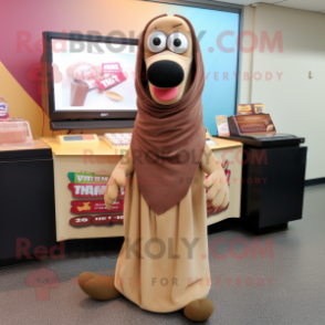 Tan Hot Dogs mascot costume character dressed with a Maxi Skirt and Shawl pins