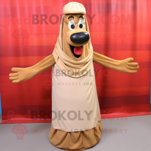 Tan Hot Dogs mascot costume character dressed with a Maxi Skirt and Shawl pins