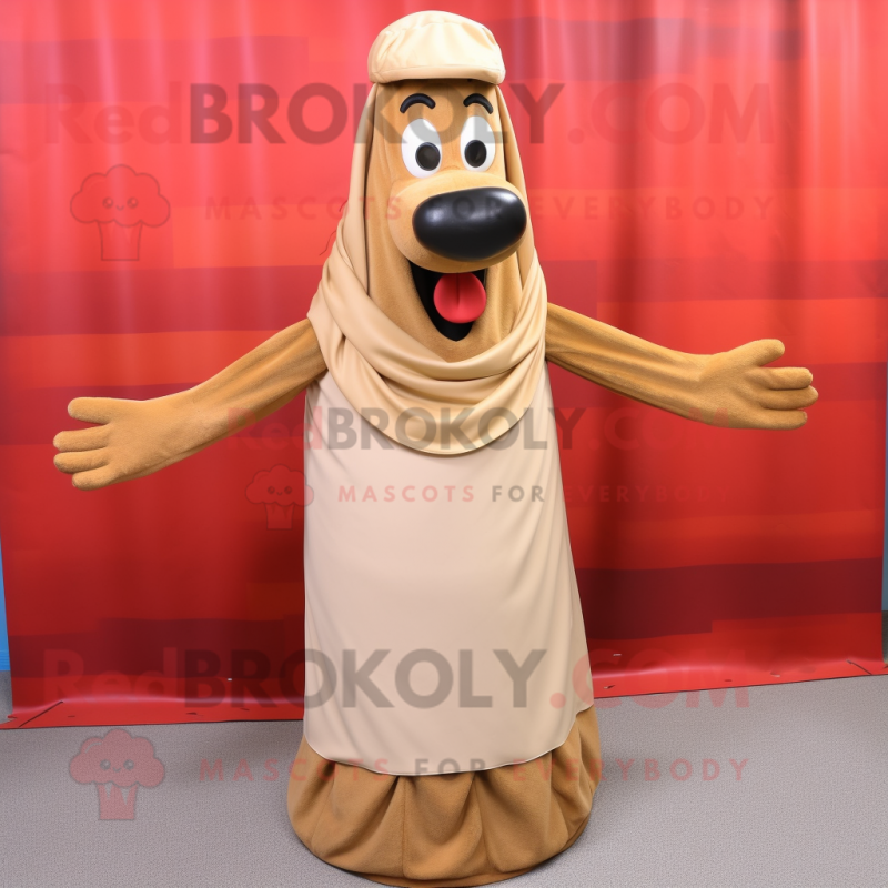 Tan Hot Dogs mascot costume character dressed with a Maxi Skirt and Shawl pins