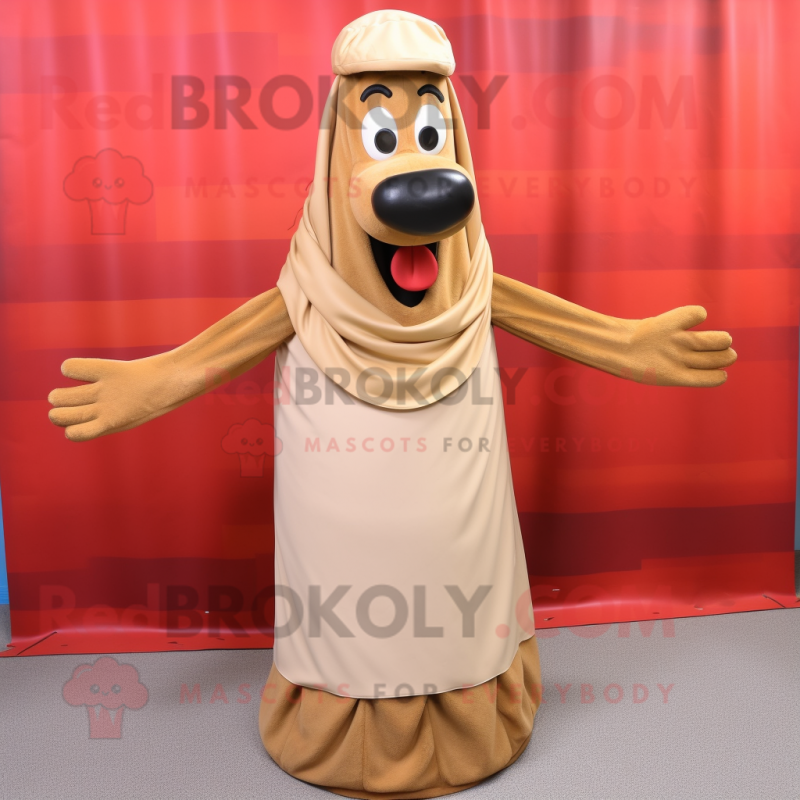 Tan Hot Dogs mascot costume character dressed with a Maxi Skirt and Shawl pins Tan Hot Dogs mascot costume character dressed with a Maxi Skirt and Shawl pins