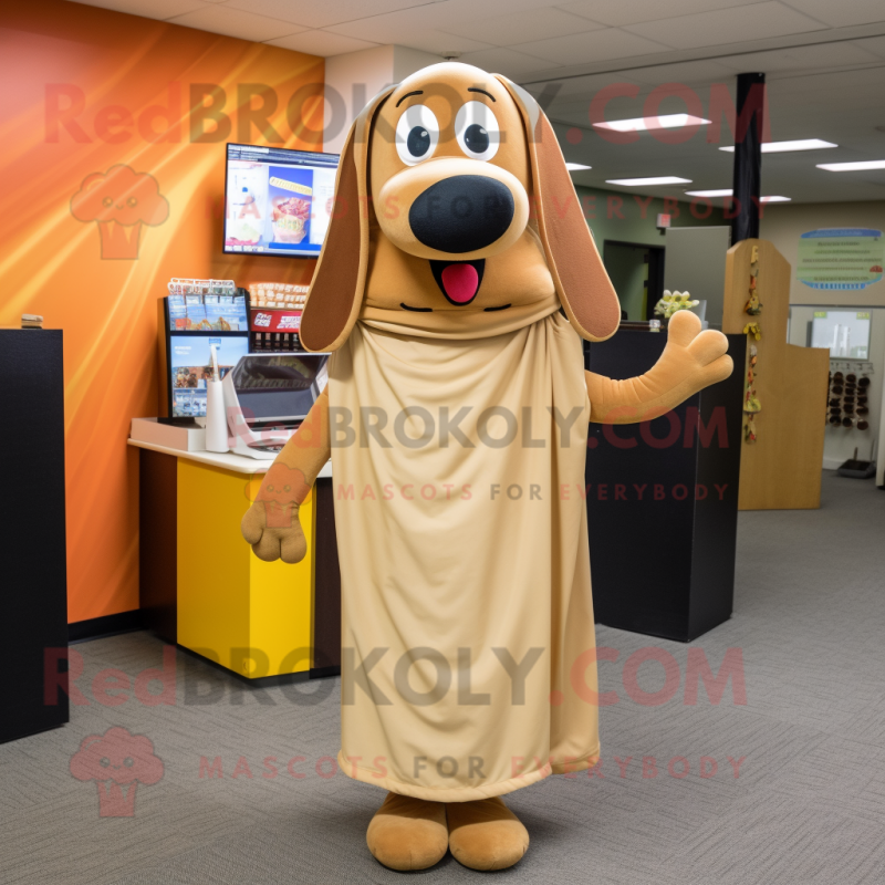 Tan Hot Dogs mascot costume character dressed with a Maxi Skirt and Shawl pins Tan Hot Dogs mascot costume character dressed with a Maxi Skirt and Shawl pins