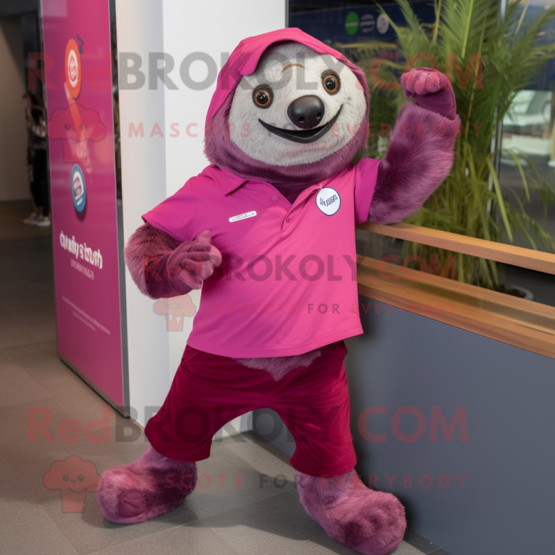 Magenta Sloth mascot costume character dressed with a Poplin Shirt and Shoe clips