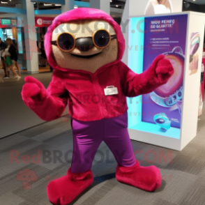 Magenta Sloth mascot costume character dressed with a Poplin Shirt and Shoe clips