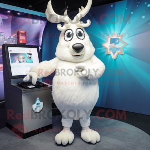 White Reindeer mascot costume character dressed with a Graphic Tee and Brooches