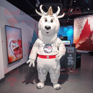 White Reindeer mascot costume character dressed with a Graphic Tee and Brooches