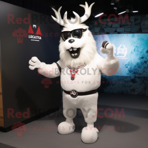 White Reindeer mascot costume character dressed with a Graphic Tee and Brooches