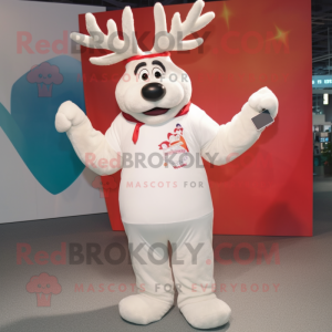 White Reindeer mascot costume character dressed with a Graphic Tee and Brooches