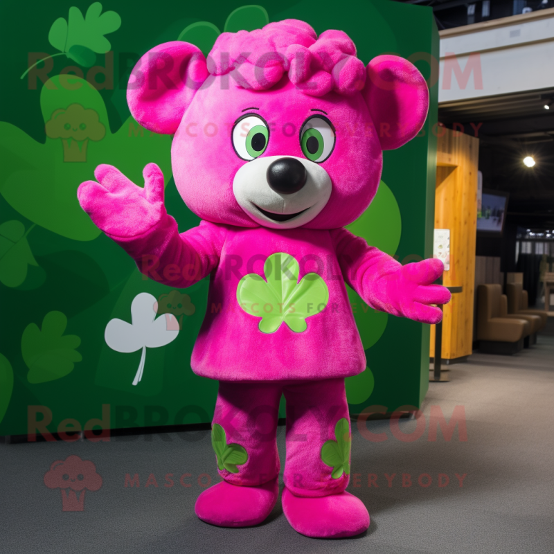 Magenta Four Leaf Clover mascot costume character dressed with a Playsuit and Mittens Magenta Four Leaf Clover mascot costume character dressed with a Playsuit and Mittens