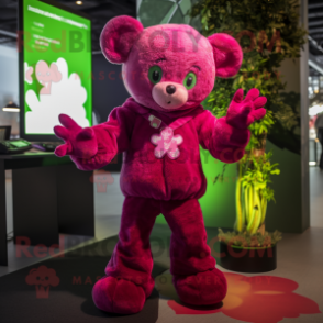 Magenta Four Leaf Clover mascot costume character dressed with a Playsuit and Mittens