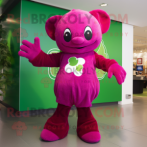 Magenta Four Leaf Clover mascot costume character dressed with a Playsuit and Mittens