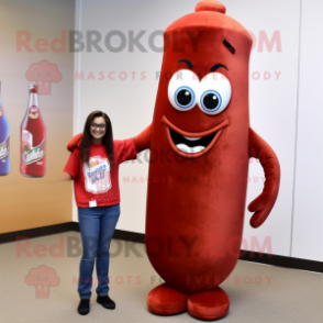 Brown Bottle Of Ketchup mascot costume character dressed with a Boyfriend Jeans and Hairpins