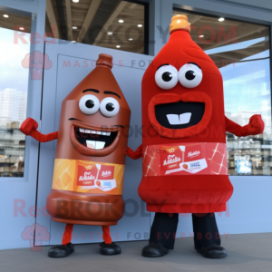 Brown Bottle Of Ketchup mascot costume character dressed with a Boyfriend Jeans and Hairpins
