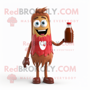 Brown Bottle Of Ketchup mascot costume character dressed with a Boyfriend Jeans and Hairpins