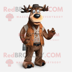 Rust Moose mascot costume character dressed with a Overalls and Shawl pins