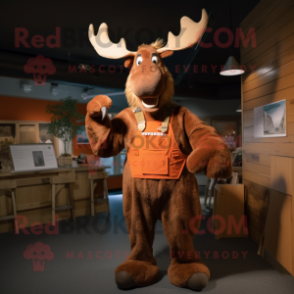 Rust Moose mascot costume character dressed with a Overalls and Shawl pins