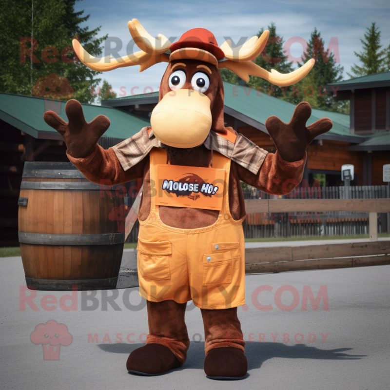 Rust Moose mascot costume character dressed with a Overalls and Shawl pins Rust Moose mascot costume character dressed with a Overalls and Shawl pins