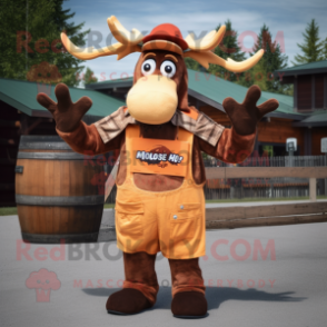 Rust Moose mascot costume character dressed with a Overalls and Shawl pins