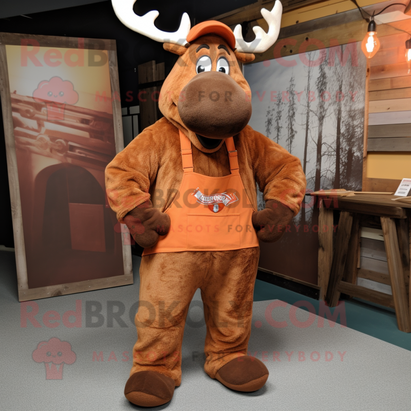 Rust Moose mascot costume character dressed with a Overalls and Shawl pins Rust Moose mascot costume character dressed with a Overalls and Shawl pins