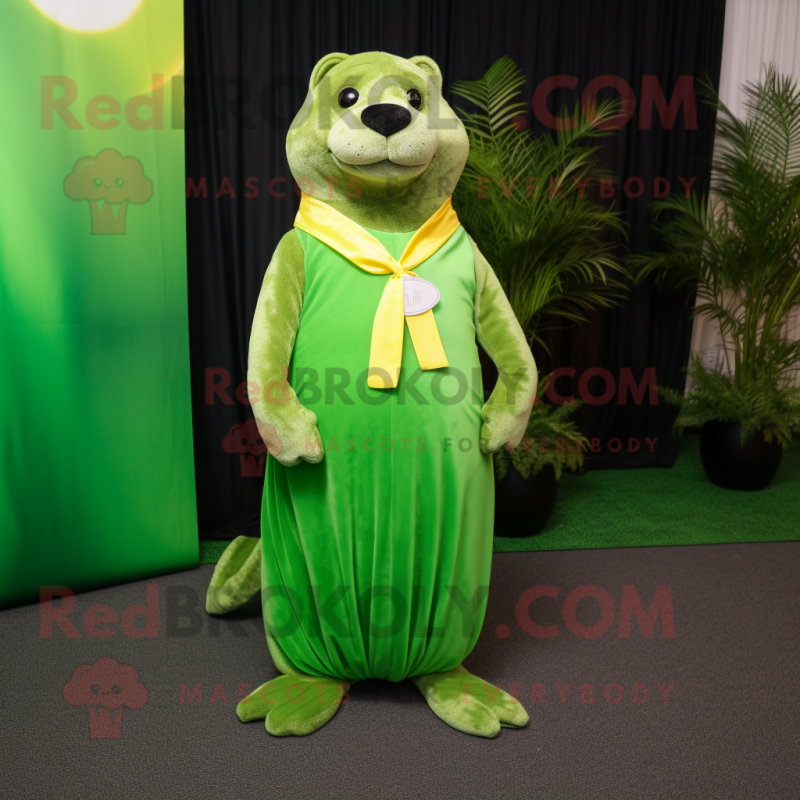 Lime Green Otter mascot costume character dressed with a Evening Gown and Suspenders