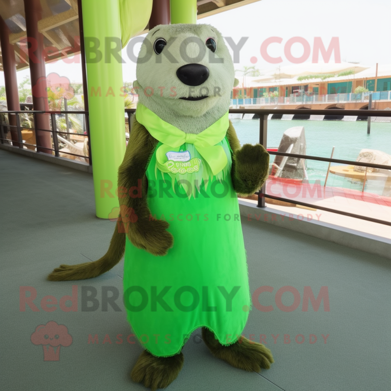 Lime Green Otter mascot costume character dressed with a Evening Gown and Suspenders Lime Green Otter mascot costume character dressed with a Evening Gown and Suspenders
