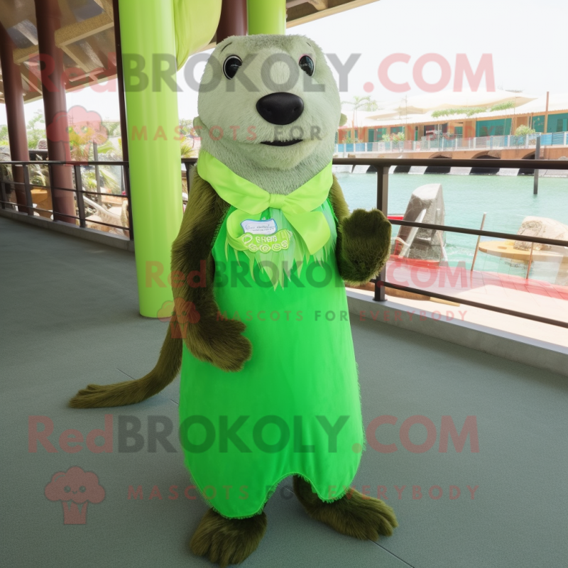 Lime Green Otter mascot costume character dressed with a Evening Gown and Suspenders