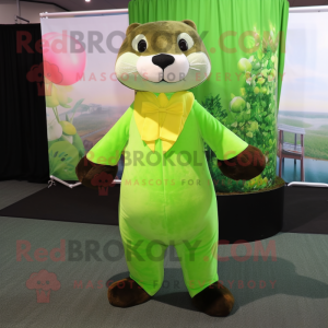 Lime Green Otter mascot costume character dressed with a Evening Gown and Suspenders