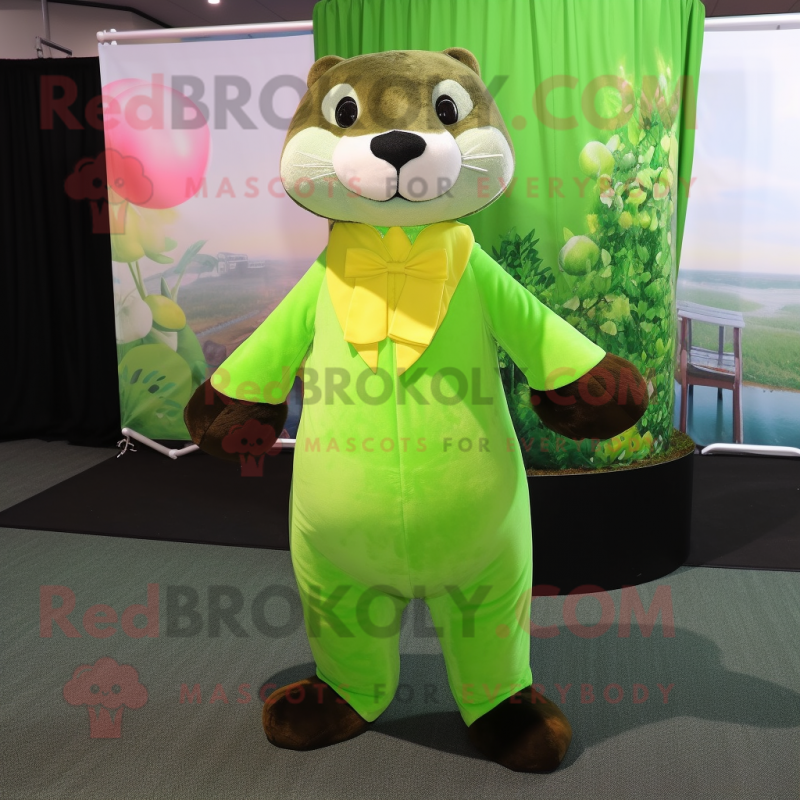 Lime Green Otter mascot costume character dressed with a Evening Gown and Suspenders