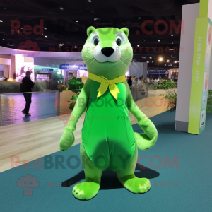 Lime Green Otter mascot costume character dressed with a Evening Gown and Suspenders