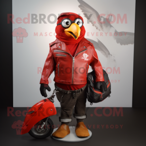 Red Quail mascot costume character dressed with a Biker Jacket and Tote bags