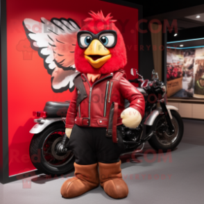 Red Quail mascot costume character dressed with a Biker Jacket and Tote bags