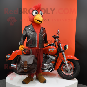 Red Quail mascot costume character dressed with a Biker Jacket and Tote bags