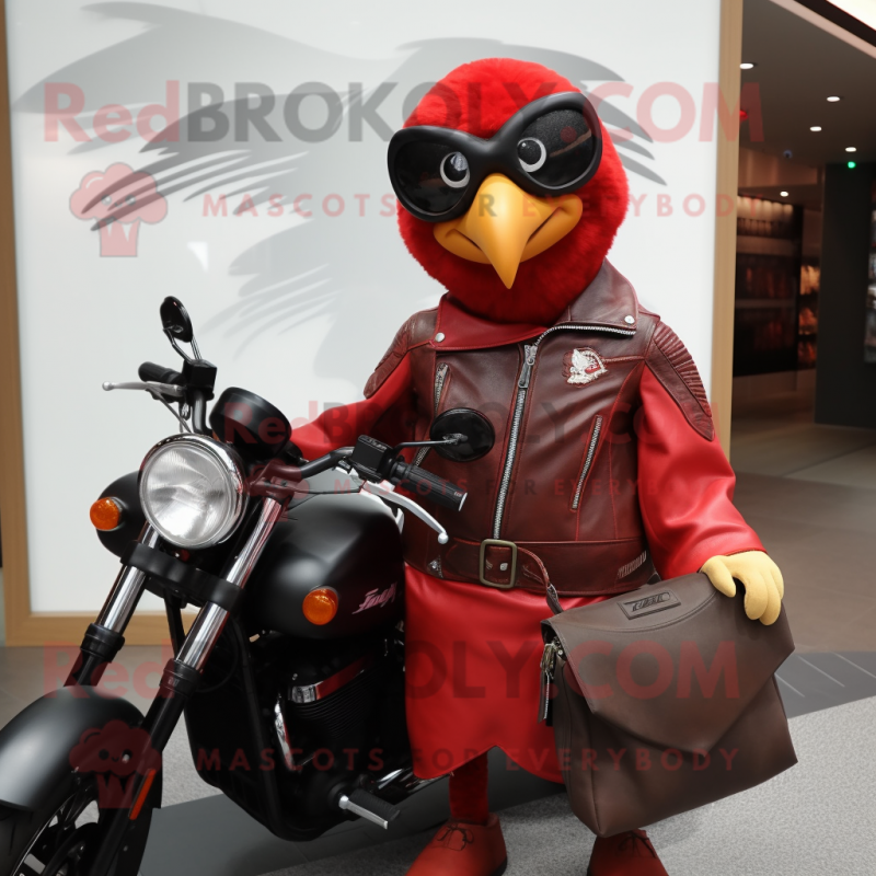 Red Quail mascot costume character dressed with a Biker Jacket and Tote bags Red Quail mascot costume character dressed with a Biker Jacket and Tote bags