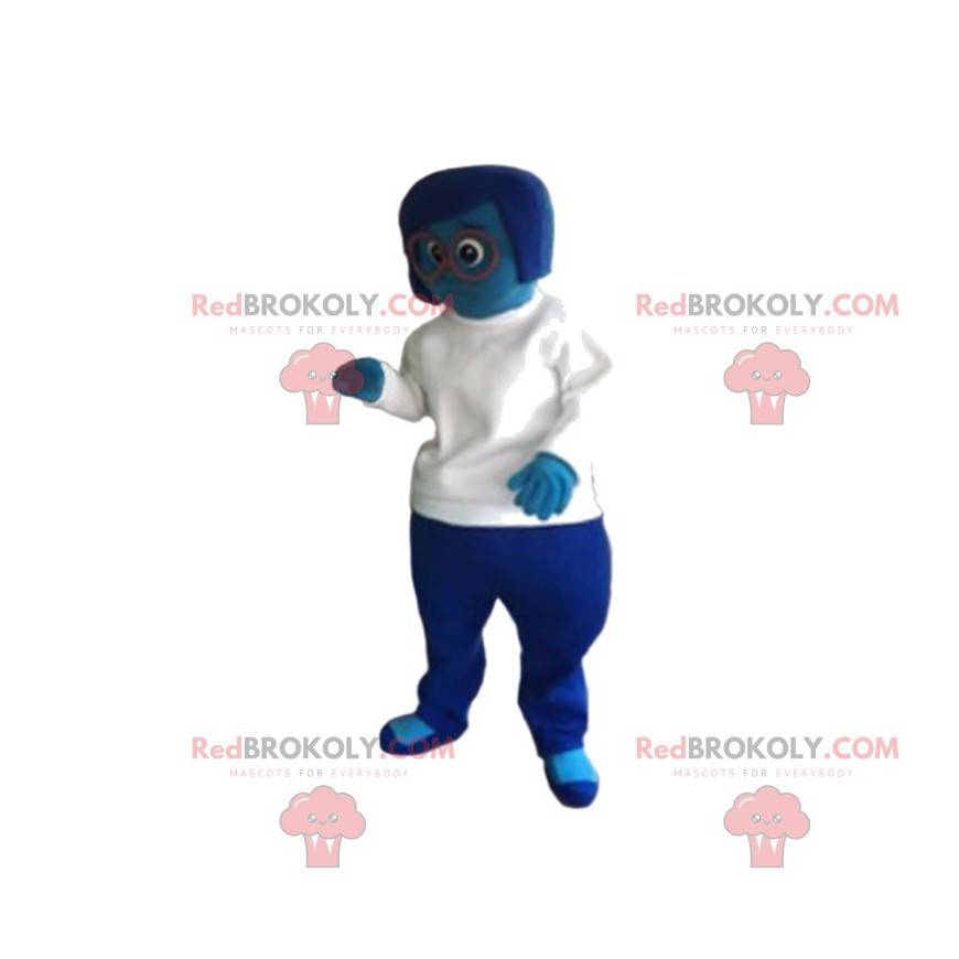 Mascotte donna blu con una maglia bianca. - Redbrokoly.com