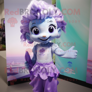 Lavender Mermaid mascot costume character dressed with a Button-Up Shirt and Brooches