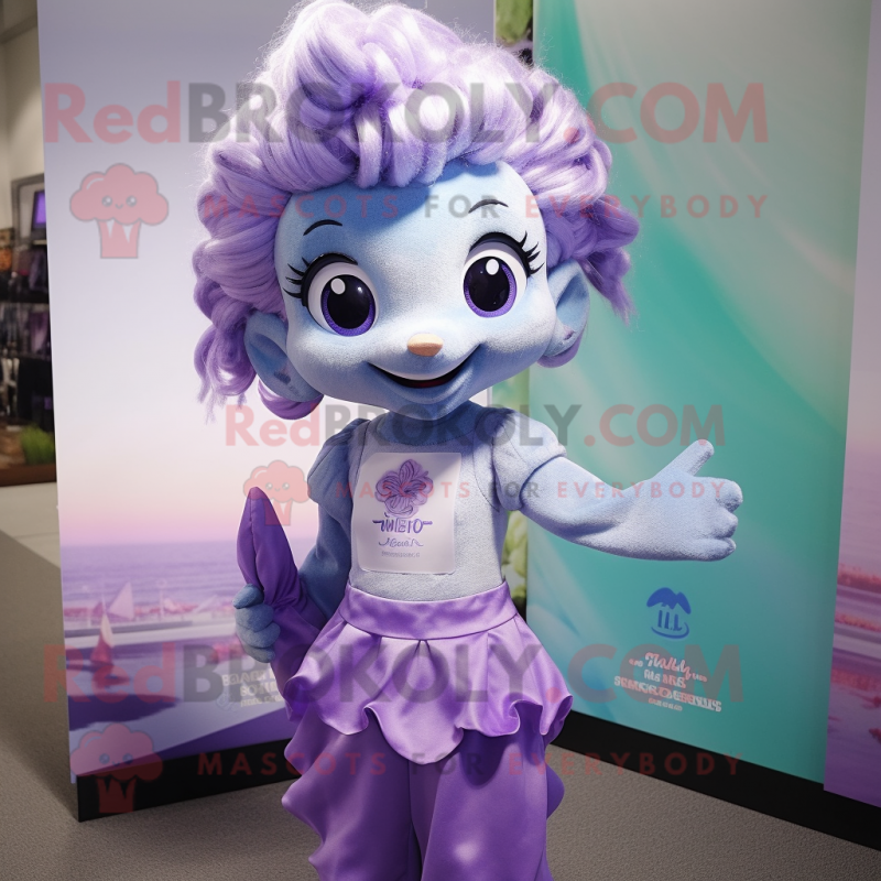 Lavender Mermaid mascot costume character dressed with a Button-Up Shirt and Brooches Lavender Mermaid mascot costume character dressed with a Button-Up Shirt and Brooches