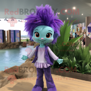 Lavender Mermaid mascot costume character dressed with a Button-Up Shirt and Brooches